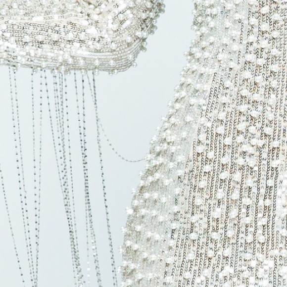 Hand Beaded Pearl Sequin Metallic Chain Long Sleeve Stunning Fancy Dress - Picture 5 of 11